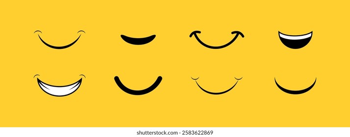 Variety of smiley faces on yellow background. Vector icon