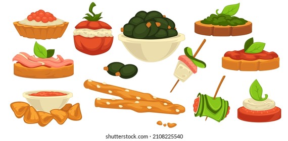 Variety of snacks and appetizers, canape and delicious food. Bread with butter and caviar, seaweed and guacamole, bacon and greenery, olives and sticks, cucumber and tomato. Vector in flat