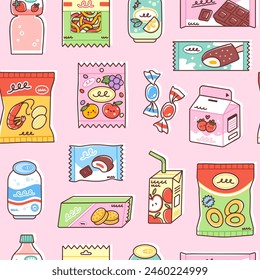 Variety of snacks seamless pattern. Elements include potato chips, onion rings, soda cans, candy, biscuits, juice and sweet milk. Vector illustration of junk food in cute flat style.