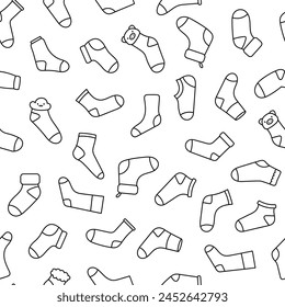 Calcetines de Variedad de diferentes texturas. Patrón sin costuras. Página para colorear. Ropa de moda. Estilo dibujado a mano. Dibujo de Vector. Diseñar adornos.