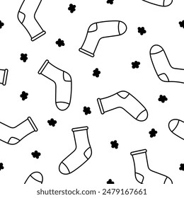 Variety socks different textures. Seamless pattern. Coloring Page. Fashion trendy clothes. Hand drawn style. Vector drawing. Design ornaments.