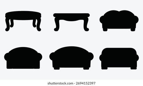 Variedad de siluetas de sofá y mesa aisladas sobre fondo blanco
