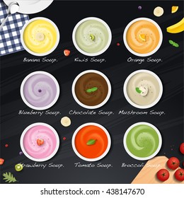 Variety of soups, restaurant hot dishes, healthy food. Top view vector design.