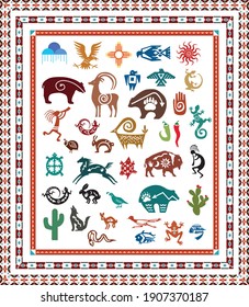 A variety of southwest icons, animals and border designs. Vector illustration.