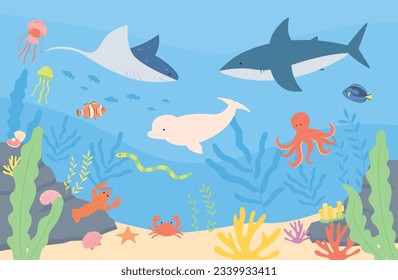 A variety of species live in the sea. flat vector illustration.