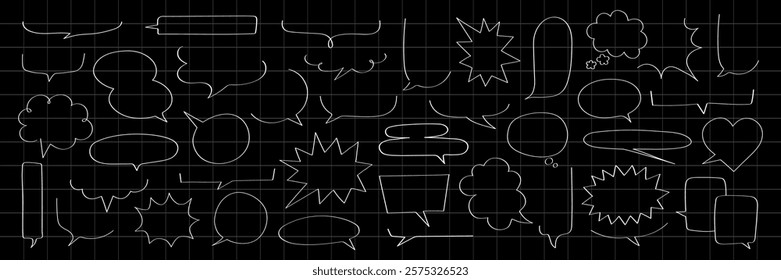 A variety of speech bubbles in different shapes on a black grid background. Speech bubbles include clouds, stars, and ovals. Speech bubbles for comics and design. Message illustration vector.