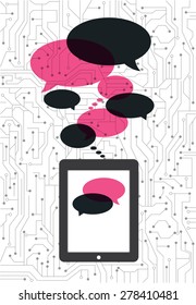 A variety of speech bubbles with tablet in a digital background 