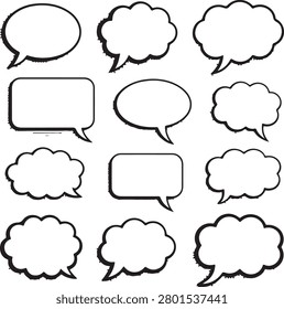 A variety of speech and thought bubble shapes with distinct black outlines, ideal for illustrating conversations, ideas, and dialogues.