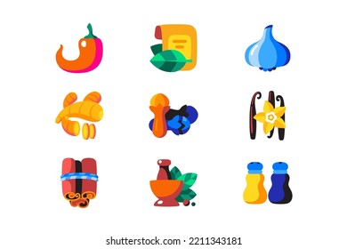 Variety of spices icons set vector illustration. Pepper, garlic, salt, ginger, vanilla and cinnamon flat concept. Aromatic spice