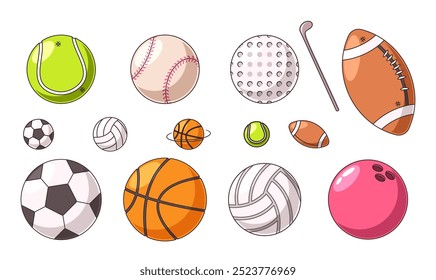 Variedade De Bolas E Equipamentos Esportivos, Incluindo Futebol, Basquetebol, Tênis, Rúgbi, Boliche, Voleibol E Golf Club