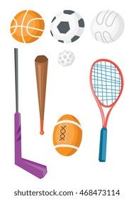 Variety of sports equipment for hockey, football, tennis, rugby, golf, baseball, basketball vector flat design illustration isolated on white background.