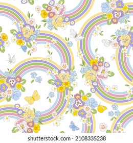 Variety Spring Garden flower Butterfly and rainbow hand drawn vector seamless pattern. Vintage Romantic Liberty inspired Petite floral ditsy groovy print. Bloomy calico background for fashion fabric 