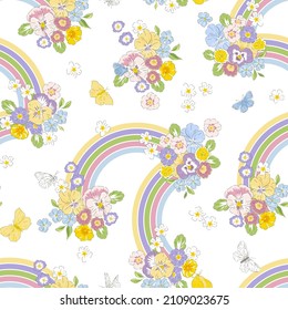 Variety Spring Garden flower Butterfly and rainbow hand drawn vector seamless pattern. Vintage Romantic Liberty inspired Petite floral ditsy groovy print. Bloomy calico background for fashion fabric 