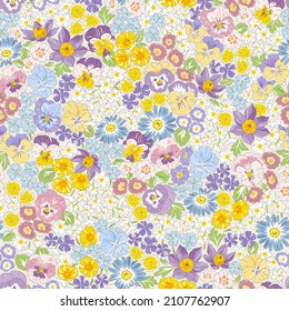 Variety Spring Garden Flower Hand Drawn Vector Seamless Pattern. Vintage Romantic Liberty Inspired Petite Floral Ditsy Print. Bloomy Calico Background For Fashion Fabric Or Home Textile