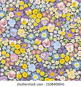 Variety Spring Garden flor de mano traza vectores sin fisuras patrón. Viejo Romantic Liberty inspirado en Petite floral ditsy print. Fondo calico oscuro en la sangre para tela de moda o textil en el hogar