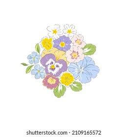 Variety Spring Garden flowers bouquet vector illustration isolated on white. Vintage Romantic floral arrangement for wedding invitation, Birthday, Mothers Day, Woman Day, Happy Easter card design.