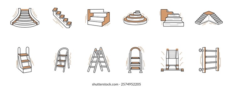 variety of stair and ladder designs including straight, curved, and stepladder styles.