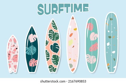 Variety of standing surfboards set. Isolated hand drawn vector surfing boards with monstera and terrazzo print. Summer sports and activities conceptual illustration. Trendy design for web and print.