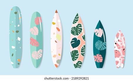 Variety of standing surfboards set. Isolated hand drawn vector surfing boards with monstera and terrazzo print. Summer sports and activities conceptual illustration. Trendy design for web and print.