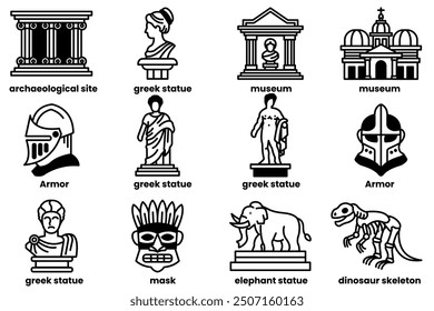 A variety of statues and buildings, including Greek statues, a museum, and a dinosaur. Scene is one of history and culture, with the different styles of statues