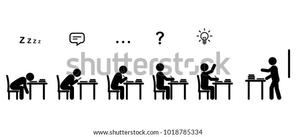 教室の机に座って教師が講義をする間 白い背景に黒い棒の形をした生徒の様々な行動と 考えを表すアイコン のベクター画像素材 ロイヤリティフリー
