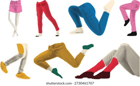 Ilustración vectorial de estilo de Variedad de colección de pierna de semitono de collage, pierna de yoga, pateando la pierna, pierna de pie, caminando estilo divertido 