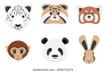 Uma variedade de rostos de animais estilizados é exibida, incluindo um leopardo-das-neves, guaxinim, panda vermelho, macaco, panda e coelho. Cada rosto é criado com desenhos simples e animados.