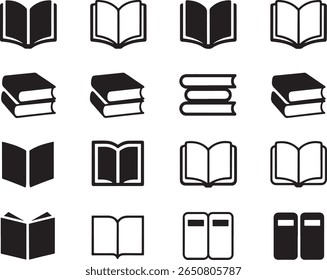 Uma variedade de ícones estilizados de livros que ilustram a leitura e a literatura com gráficos vetoriais em preto-e-branco para fins educacionais e de design
