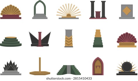Variety of stylized display stands, altars, and architectural elements