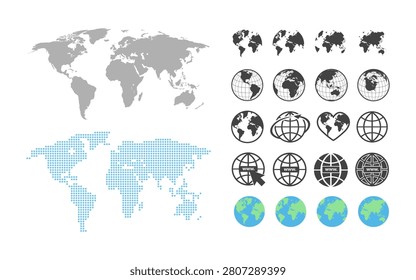 A variety of stylized world maps and globes, including pixelated and iconic representations, suitable for digital and communication themes