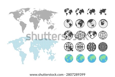 A variety of stylized world maps and globes, including pixelated and iconic representations, suitable for digital and communication themes