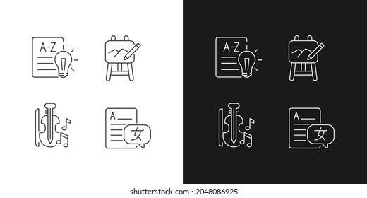 Diversas asignaturas en iconos lineales de la escuela se establecen para el modo oscuro y luminoso. Clases de arte. Educación musical. Símbolos de línea delgada personalizables. Ilustraciones aisladas del contorno vectorial. Trazo editable