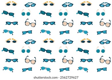 Variety of sunglasses styles seamless pattern for summer fashion and eye protection. Vector flat illustration on white background