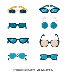 Variety of sunglasses styles for summer fashion and eye protection. Vector flat illustration on white background