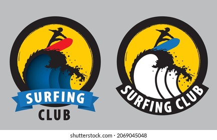 Variety surfing club logos. Vector. With brush splash effect sea.