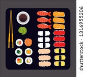 Variety Of Sushi In Big Plate Complete with sauce and matcha Ready To Eat