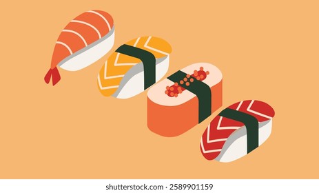 a variety of sushi dishes, highlighting different types of sushi such as nigiri, maki, and sashimi