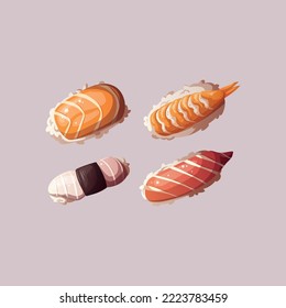 Variety of Sushi. Japanese food, healthy eating, cooking, menu, nutrition concept. Vector illustration. 