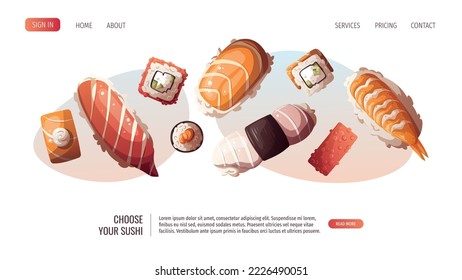 Variety of Sushi and sushi rolls. Japanese food, healthy eating, cooking, menu, nutrition concept. Vector illustration. Banner, website, advertising. 