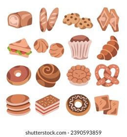 Variety of sweet bakery and cookies vector icon illustration collection