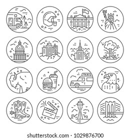 The variety of symbols of America drawn in line style vector illustration. 