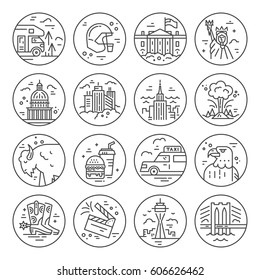 The variety of symbols of America drawn in line style vector illustration. 