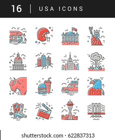 The variety of symbols of America drawn in line style vector illustration. 