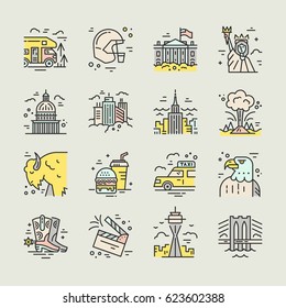 The variety of symbols of America drawn in line style vector illustration. 