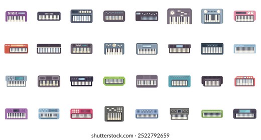 Uma variedade de ícones de sintetizador são exibidos, mostrando o mundo diversificado da produção de música eletrônica