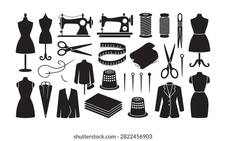 Variety of tailoring and sewing essentials, including tools and fashion forms in flat black silhouettes isolated on white.