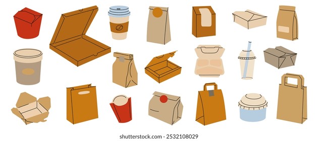 Variety of takeout food containers and beverages displayed on a white background