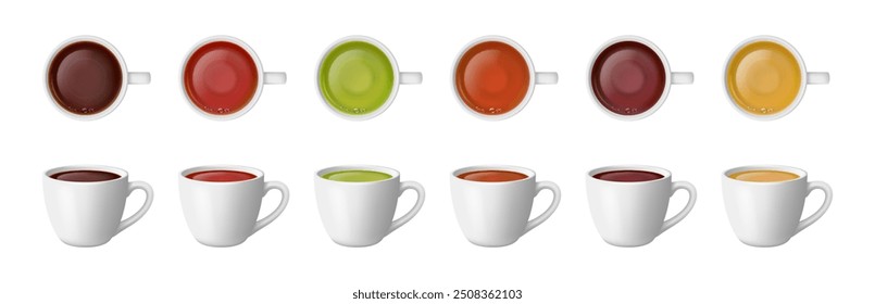 Variety of tastes, realistic set of cups of tea. Vector isolated cups with aromatic beverage. Cafe or restaurant served drink, hot beverage with taste of ginger, hibiscus or jasmine. Matcha or black