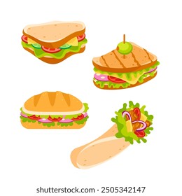 Variety of tasty sandwiches and a wrap filled with fresh ingredients, perfect for a quick and satisfying lunch