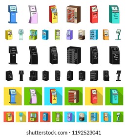Variety of terminals cartoon icons in set collection for design. ATM and trading device vector symbol stock web illustration.